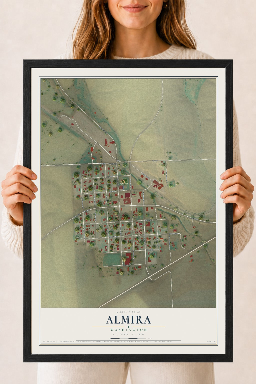 Map of Almira, Washington, 18 x 24 inch print in a black wood frame