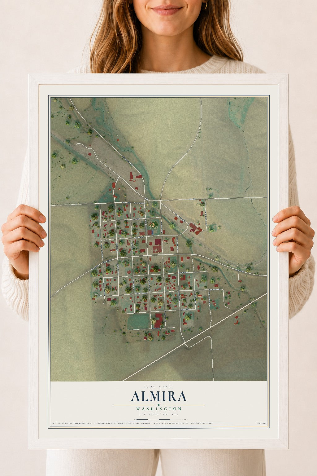 Map of Almira, Washington, 18 x 24 inch print in a white wood frame