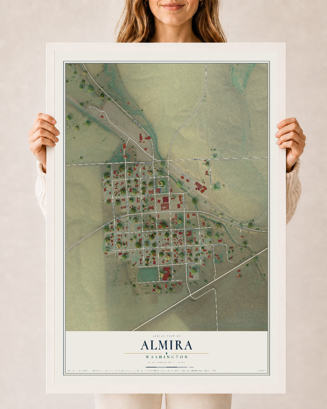 Map of Almira, Washington, 24 x 36 inch print in a white wood frame