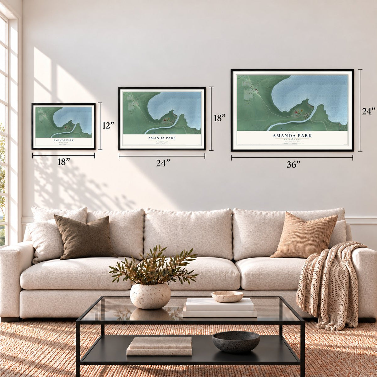Amanda Park, Washington map in 12 x 18, 18 x 24 and 24 x 36 inch sizes above a sofa