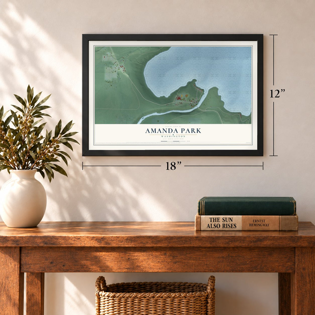 Amanda Park, Washington map, 12 x 18 inch print in a black frame in an entryway