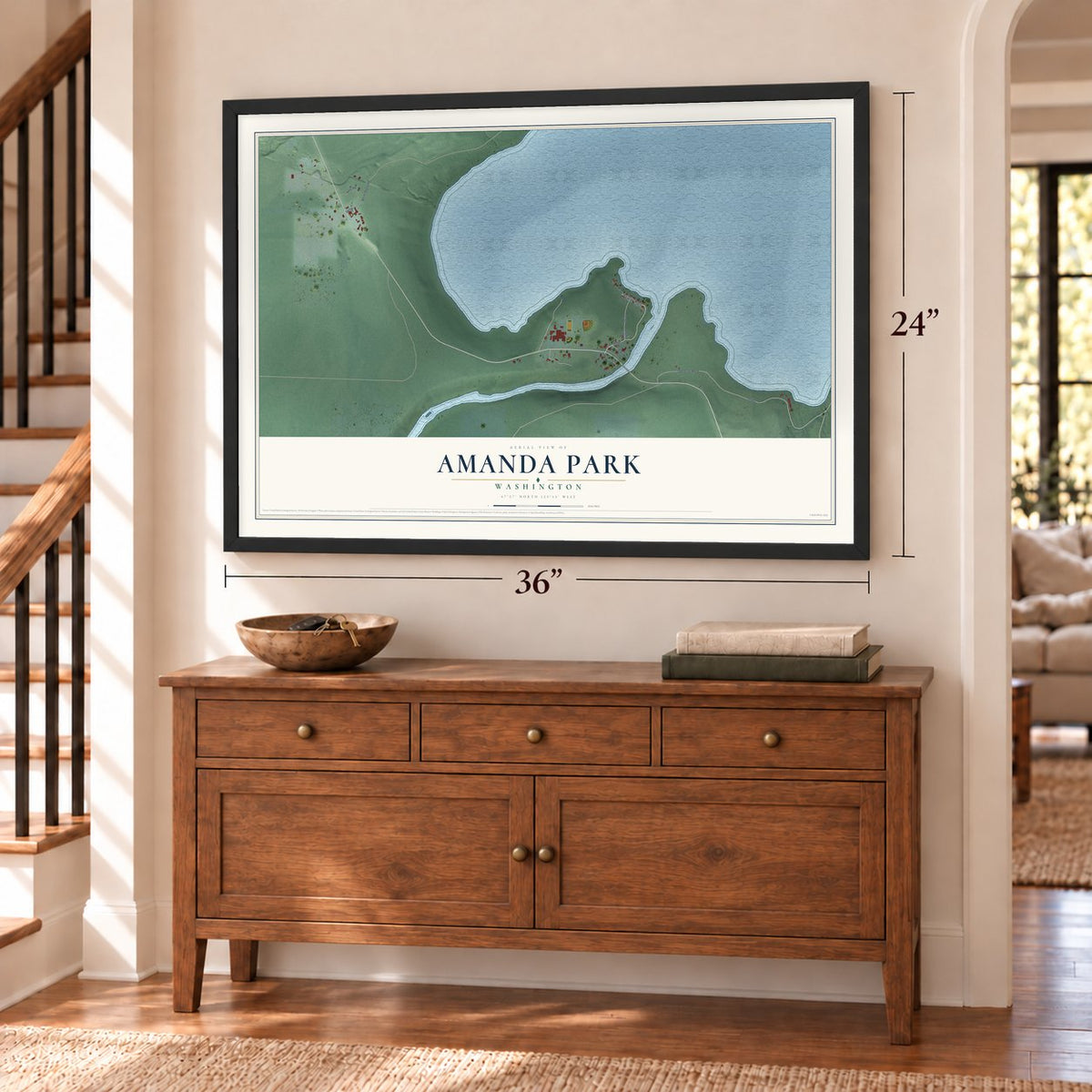 Amanda Park, Washington map, 24 x 36 inch print in a black frame above a dresser by a staircase