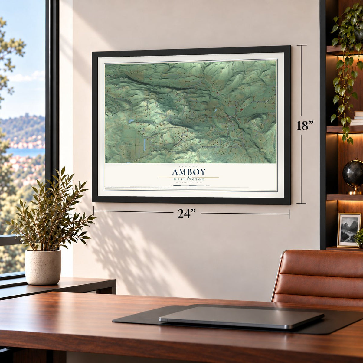 Amboy, Washington map, 18 x 24 inch print in a black frame in a home office