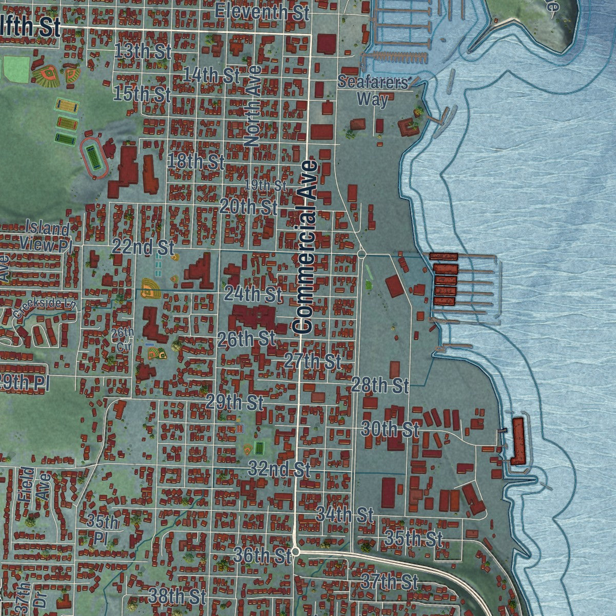 Close-up of the map of Anacortes, Washington print showing street and building detail