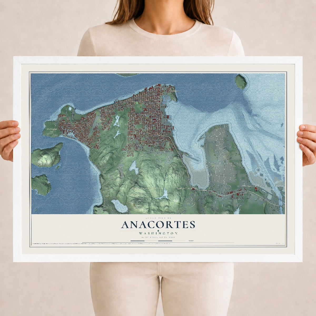 Map of Anacortes, Washington, 18 x 24 inch print in a white wood frame