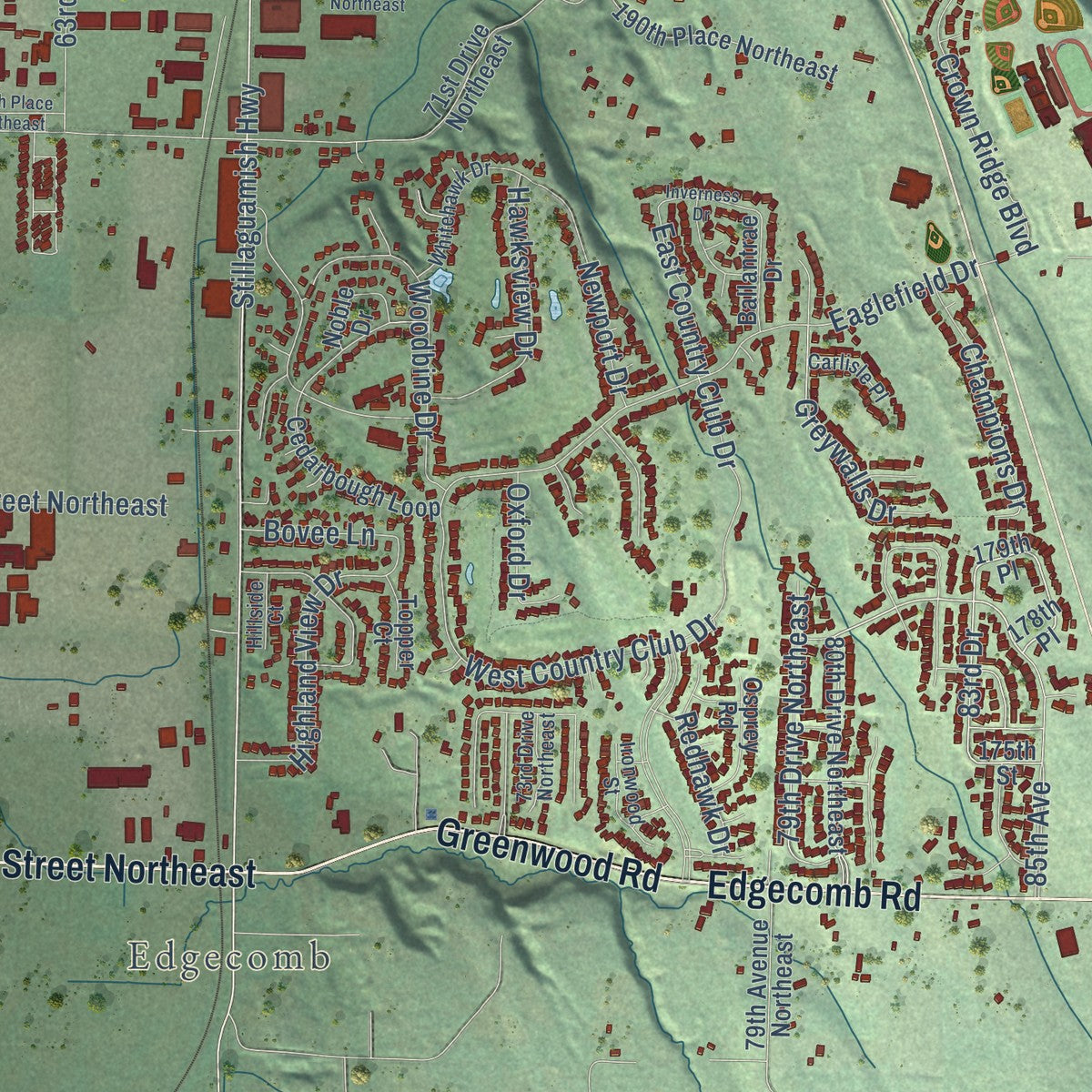 Close-up of the map of Arlington, Washington print showing street and building detail