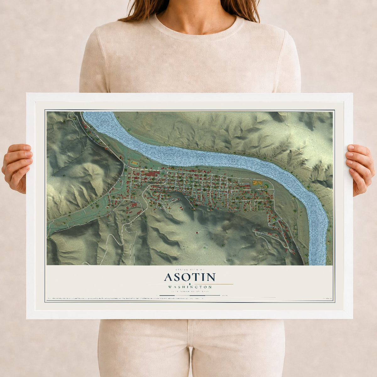 Map of Asotin, Washington, 12 x 18 inch print in a white wood frame