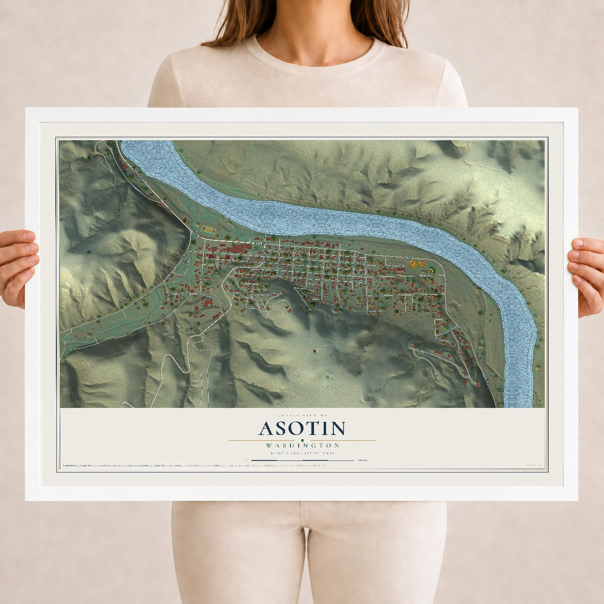Map of Asotin, Washington, 18 x 24 inch print in a white wood frame