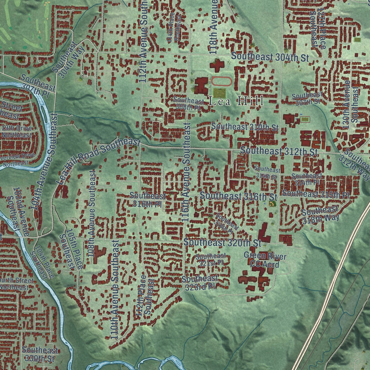 Close-up of the map of Auburn, Washington print showing street and building detail