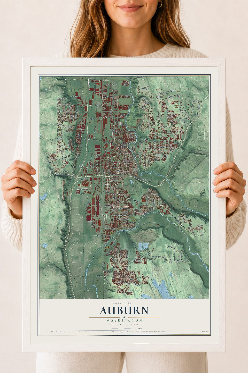 Map of Auburn, Washington, 18 x 24 inch print in a white wood frame