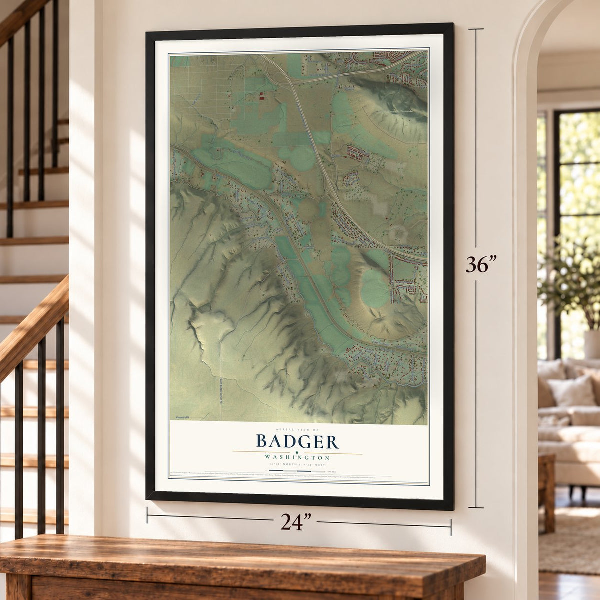 Badger, Washington map, 24 x 36 inch print in a black frame by a staircase