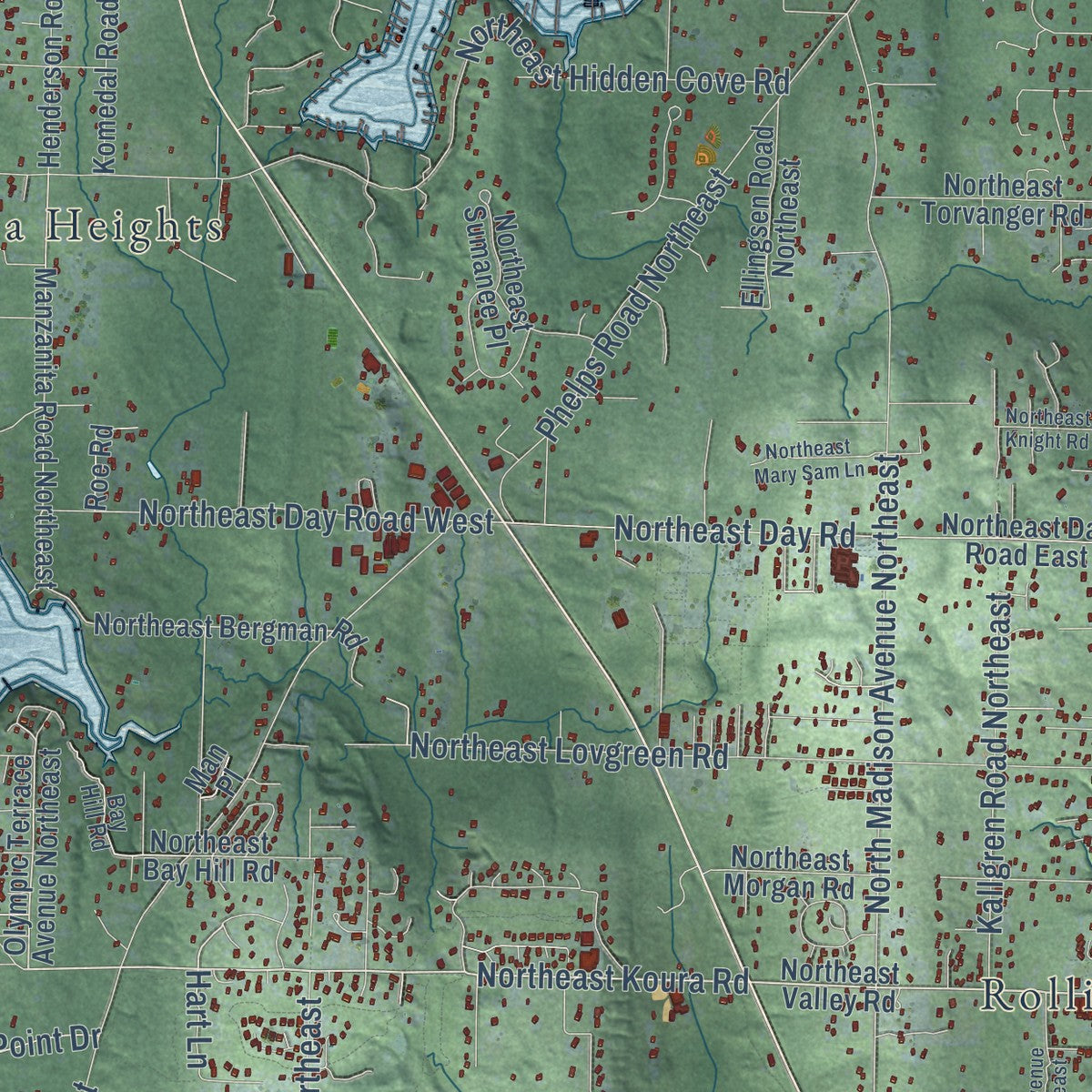 Second close-up of the map of Bainbridge Island, Washington print showing more streets and buildings