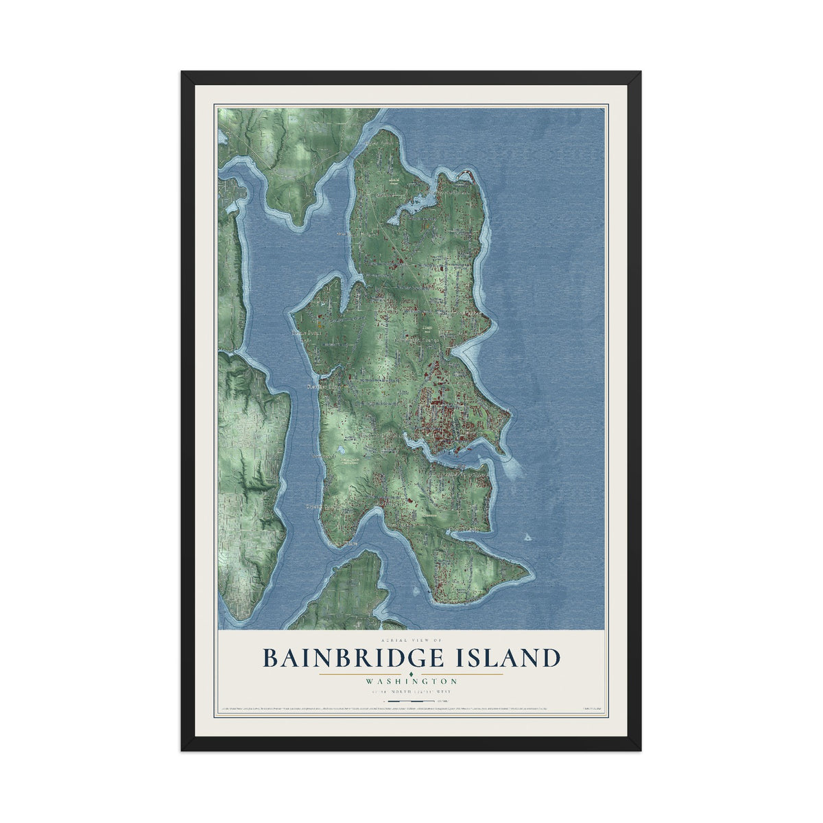 Map of Bainbridge Island, Washington, 12 x 18 inch print in a black wood frame