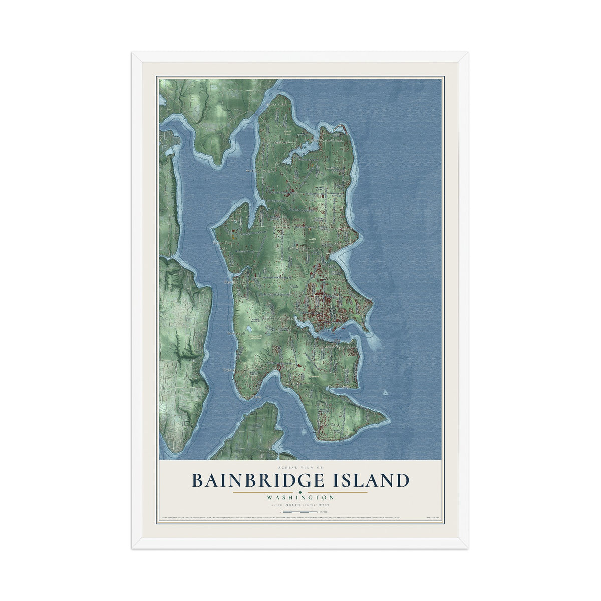 Map of Bainbridge Island, Washington, 12 x 18 inch print in a white wood frame