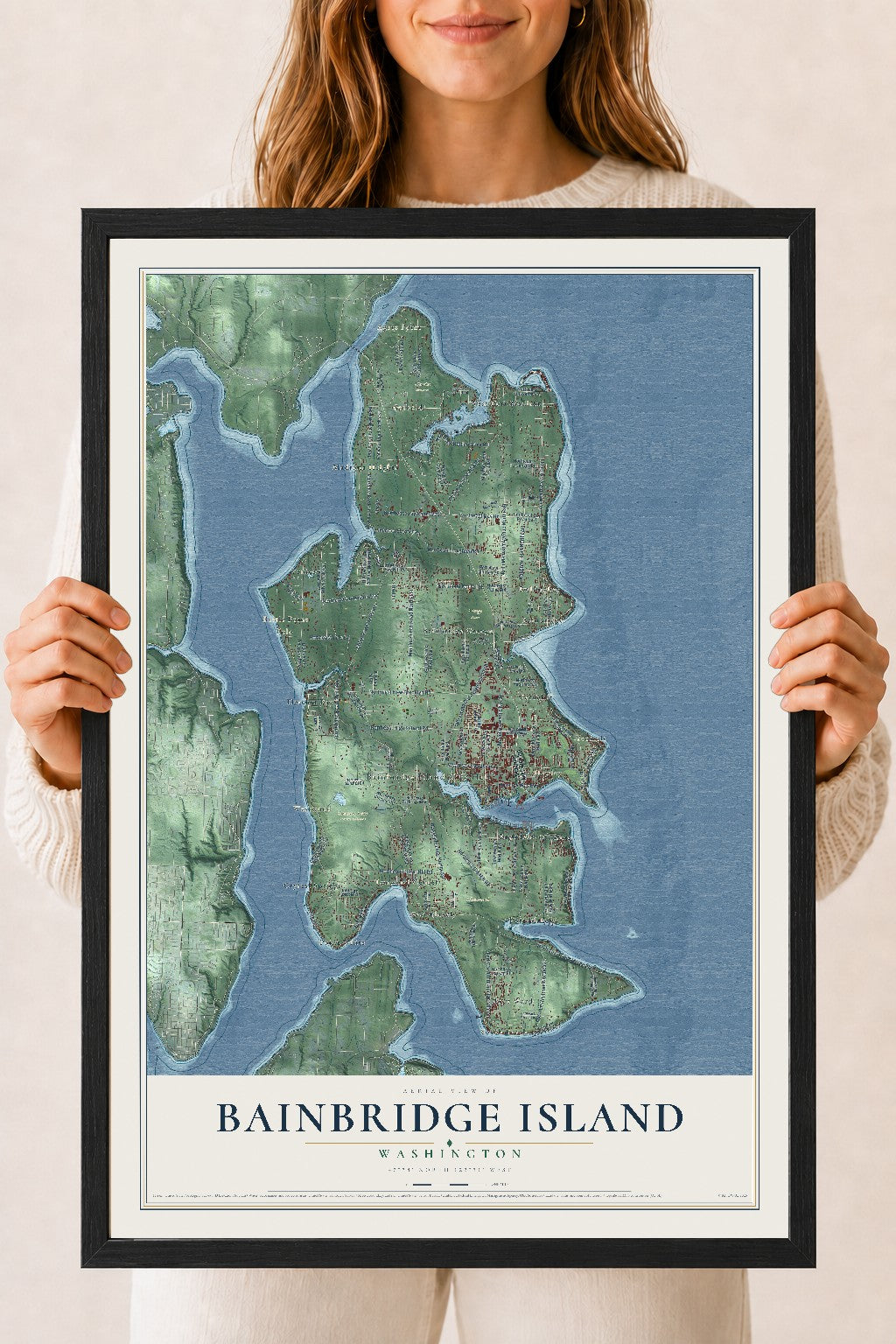 Map of Bainbridge Island, Washington, 18 x 24 inch print in a black wood frame