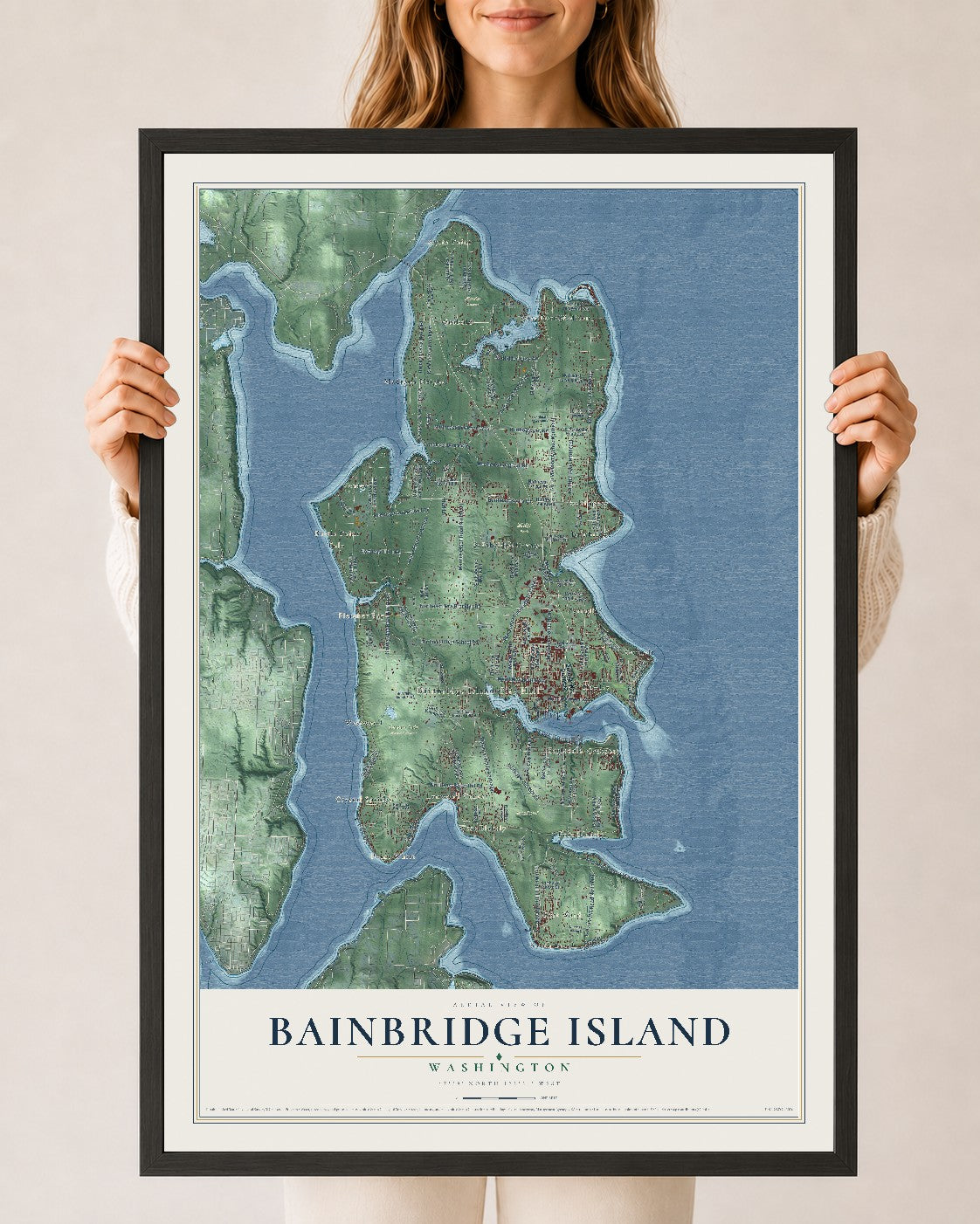 Map of Bainbridge Island, Washington, 24 x 36 inch print in a black wood frame