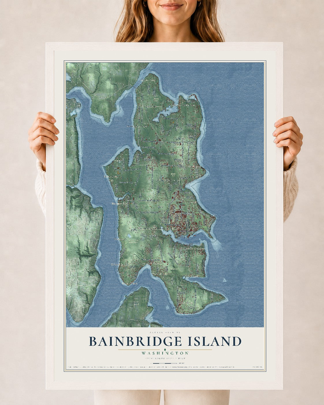 Map of Bainbridge Island, Washington, 24 x 36 inch print in a white wood frame