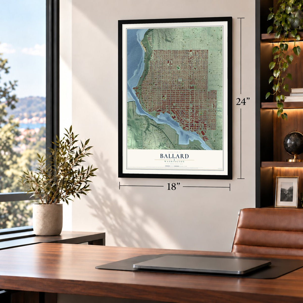 Ballard, Washington map, 18 x 24 inch print in a black frame in a home office