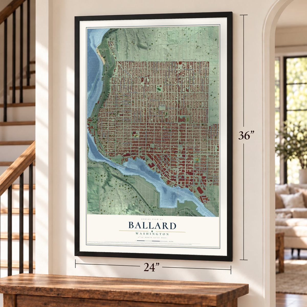 Ballard, Washington map, 24 x 36 inch print in a black frame by a staircase