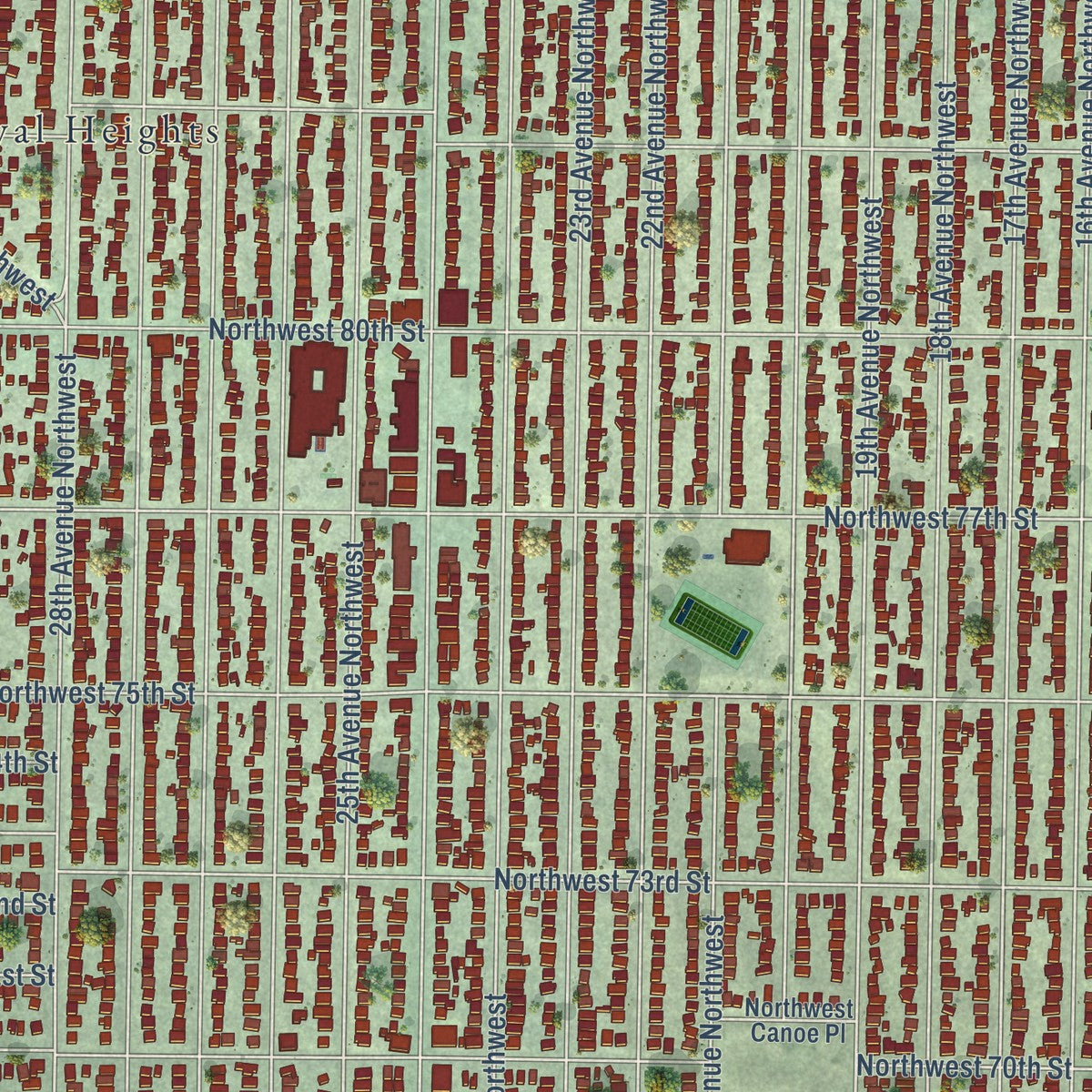 Close-up of the map of Ballard, Washington print showing street and building detail