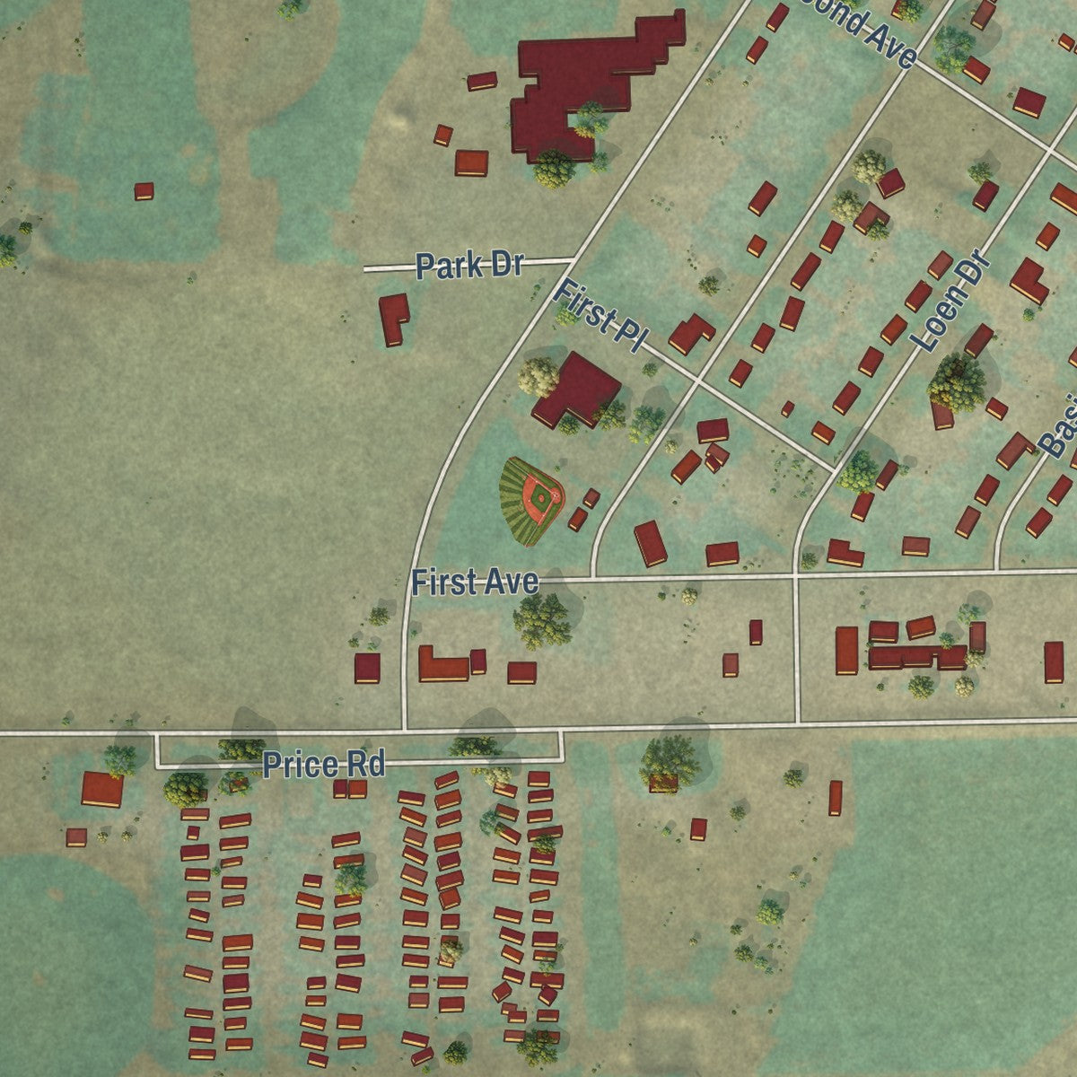 Close-up of the map of Basin City, Washington print showing street and building detail