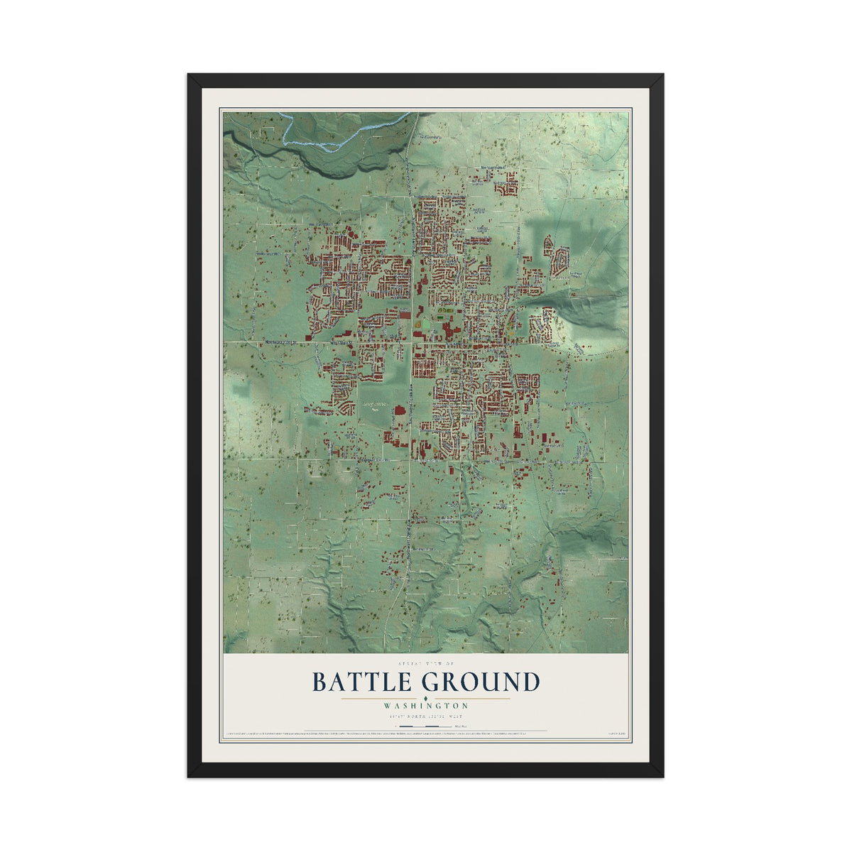 Map of Battle Ground, Washington, 12 x 18 inch print in a black wood frame