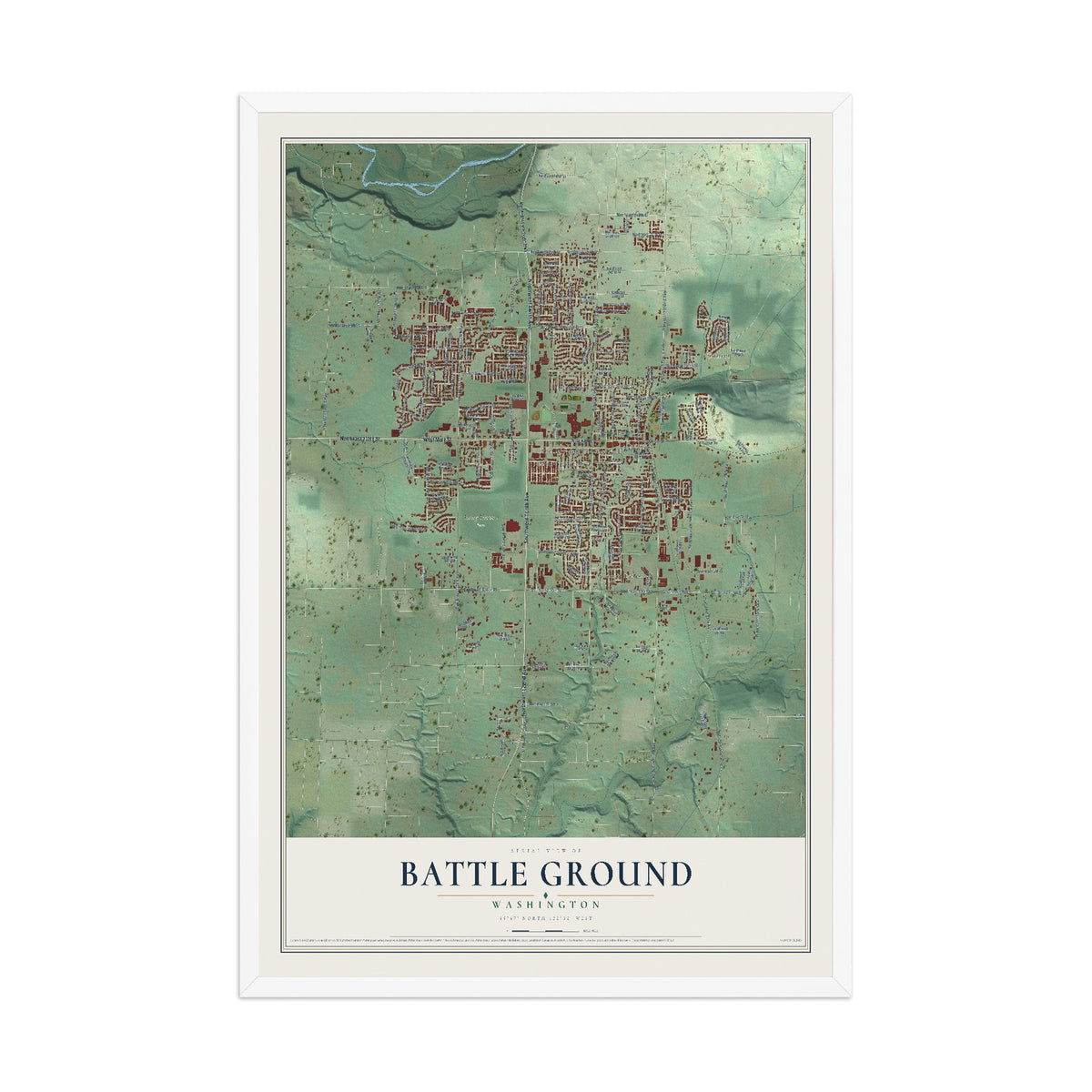 Map of Battle Ground, Washington, 12 x 18 inch print in a white wood frame