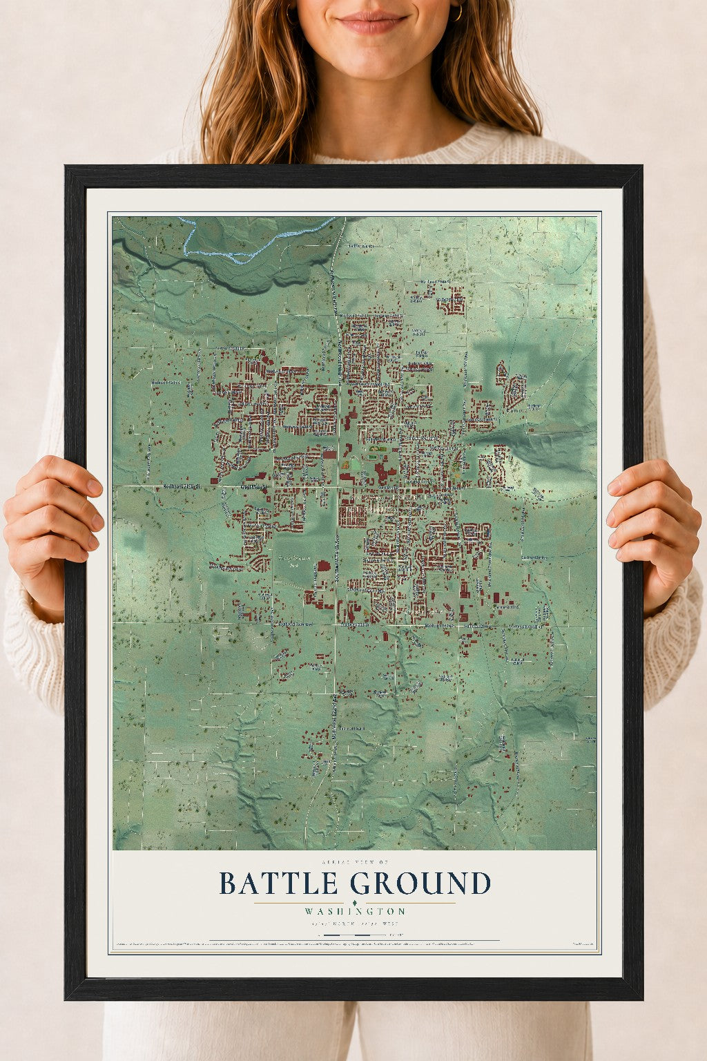 Map of Battle Ground, Washington, 18 x 24 inch print in a black wood frame