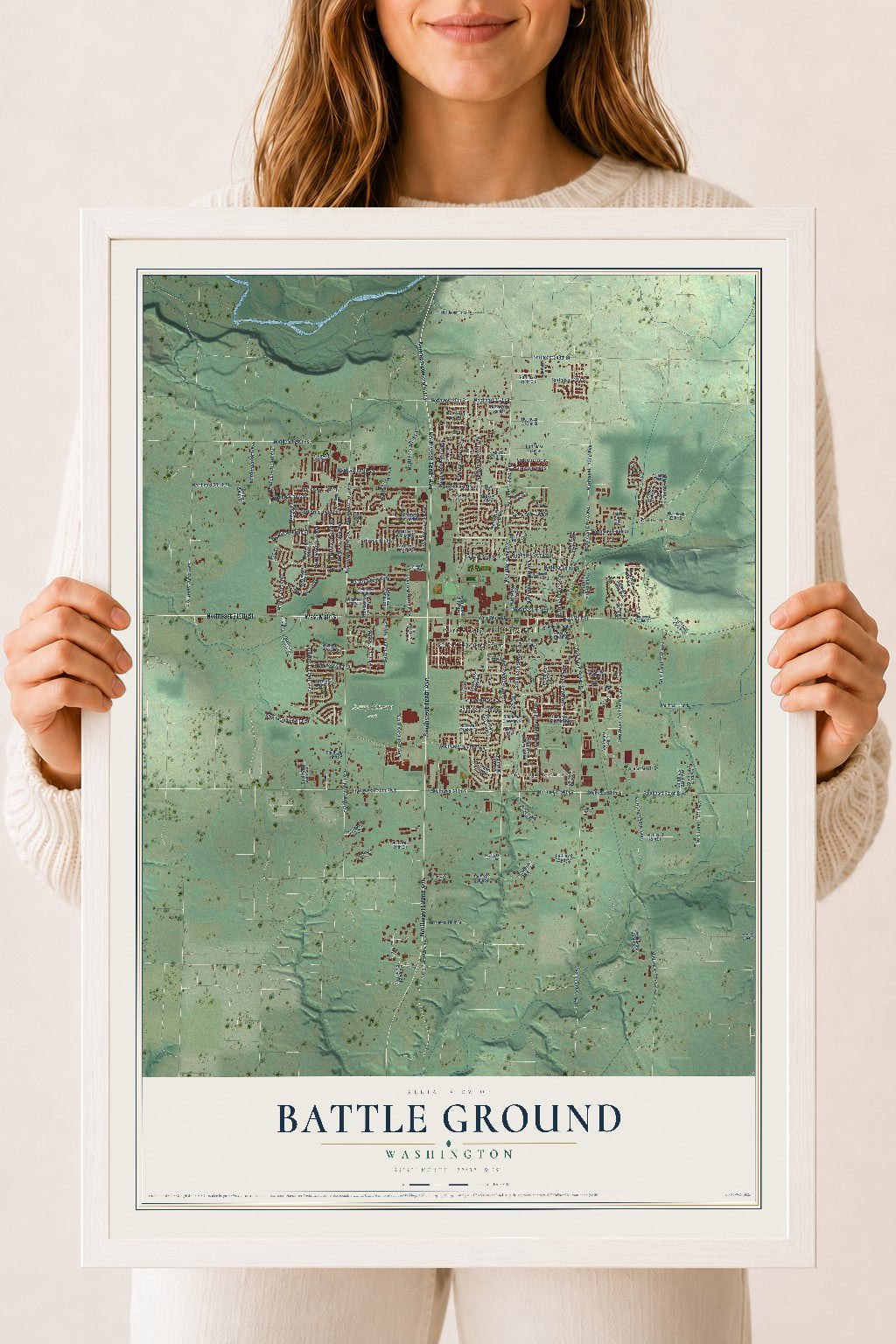 Map of Battle Ground, Washington, 18 x 24 inch print in a white wood frame