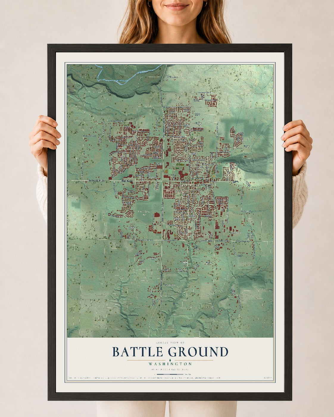 Map of Battle Ground, Washington, 24 x 36 inch print in a black wood frame