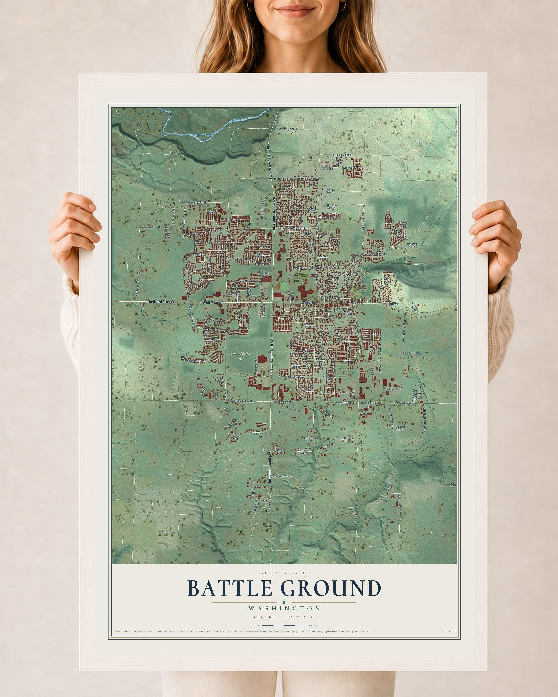 Map of Battle Ground, Washington, 24 x 36 inch print in a white wood frame