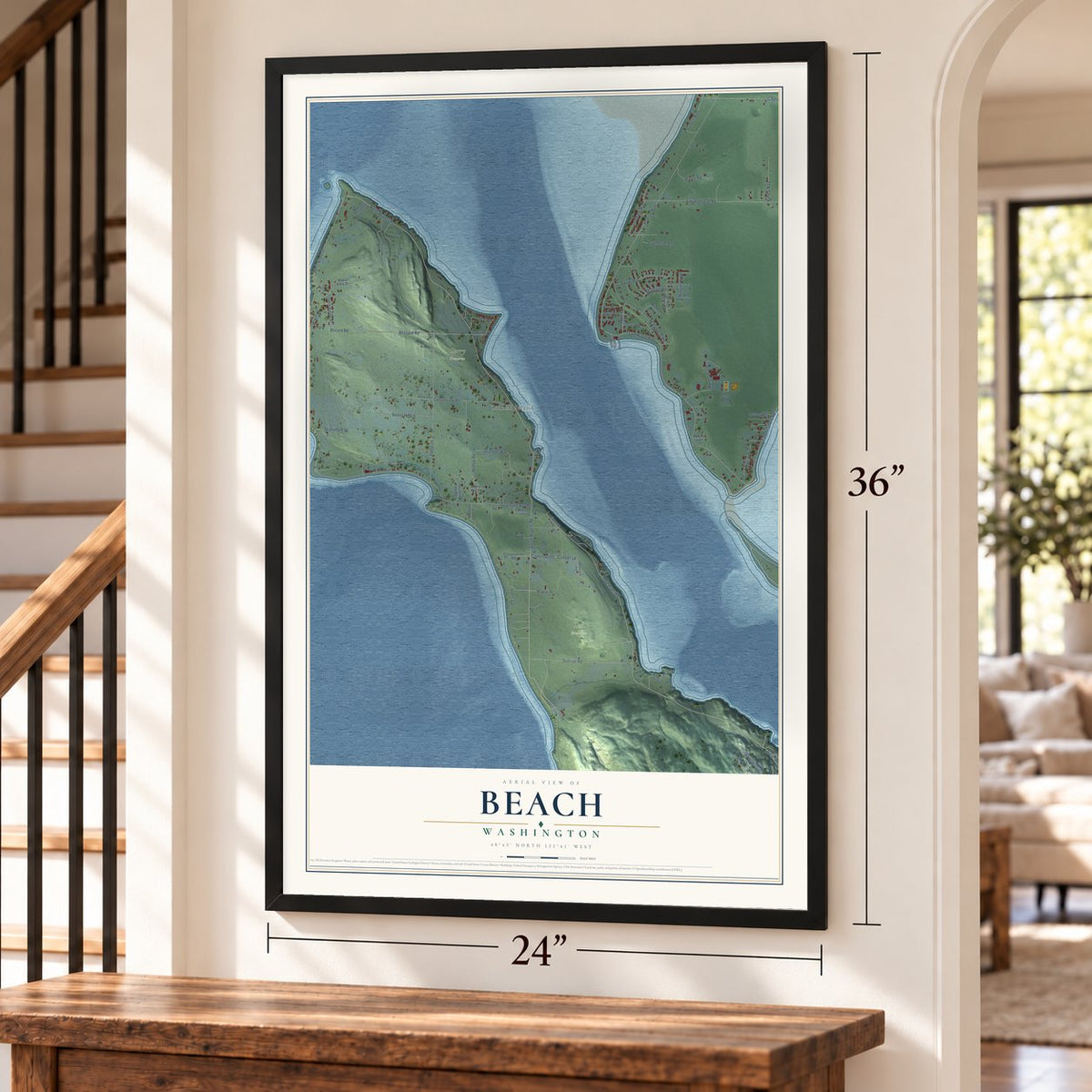 Beach, Washington map, 24 x 36 inch print in a black frame by a staircase