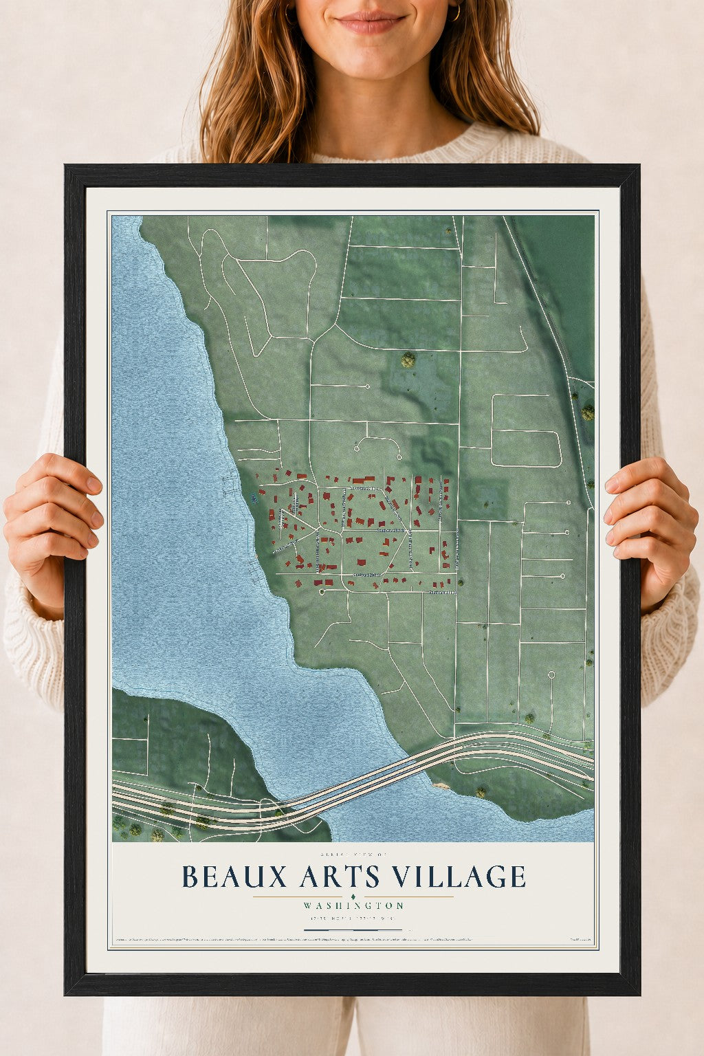Map of Beaux Arts Village, Washington, 18 x 24 inch print in a black wood frame