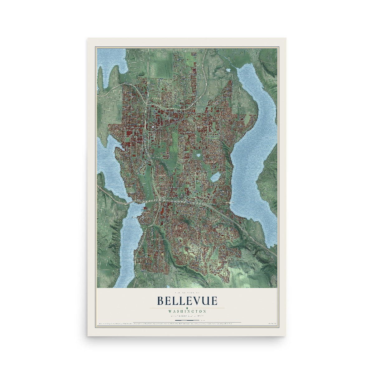 Map of Bellevue, Washington, 12 x 18 inch unframed archival matte print