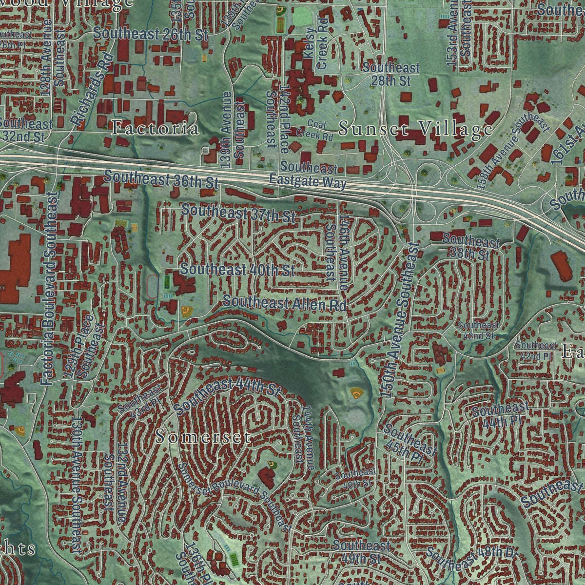 Close-up of the map of Bellevue, Washington print showing street and building detail
