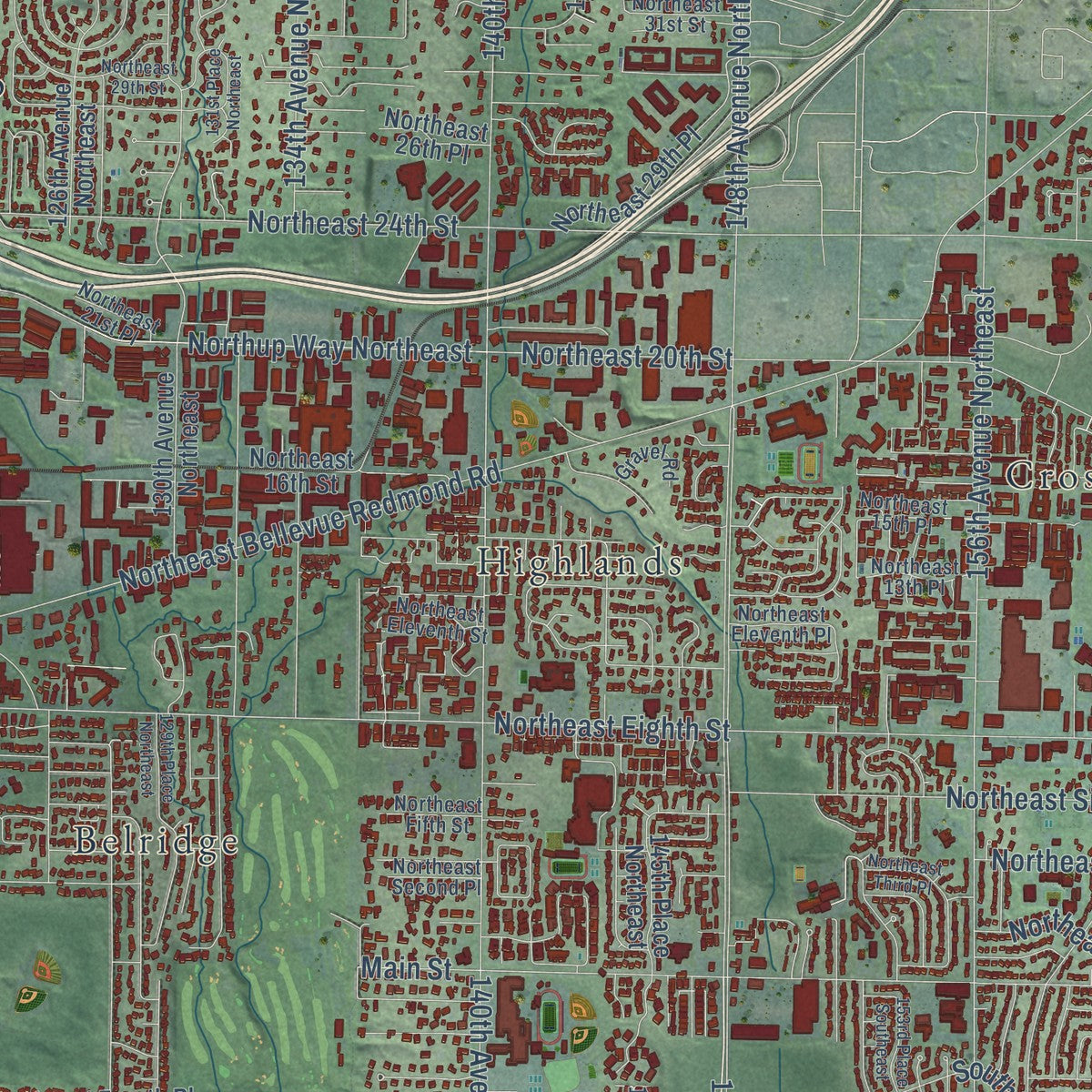 Second close-up of the map of Bellevue, Washington print showing more streets and buildings
