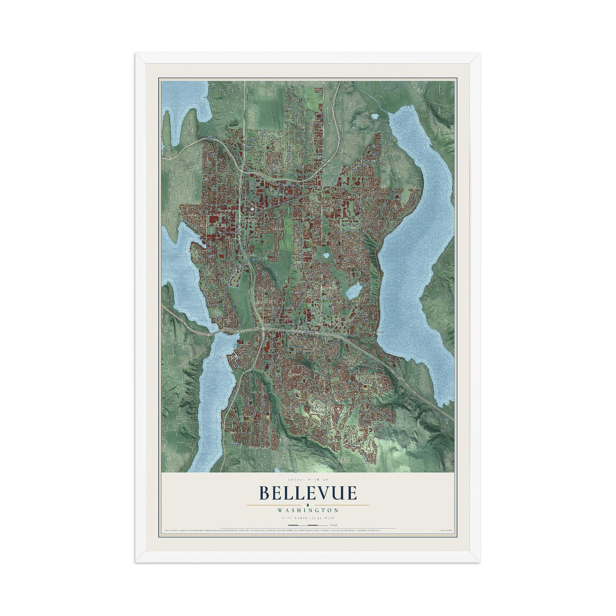 Map of Bellevue, Washington, 12 x 18 inch print in a white wood frame