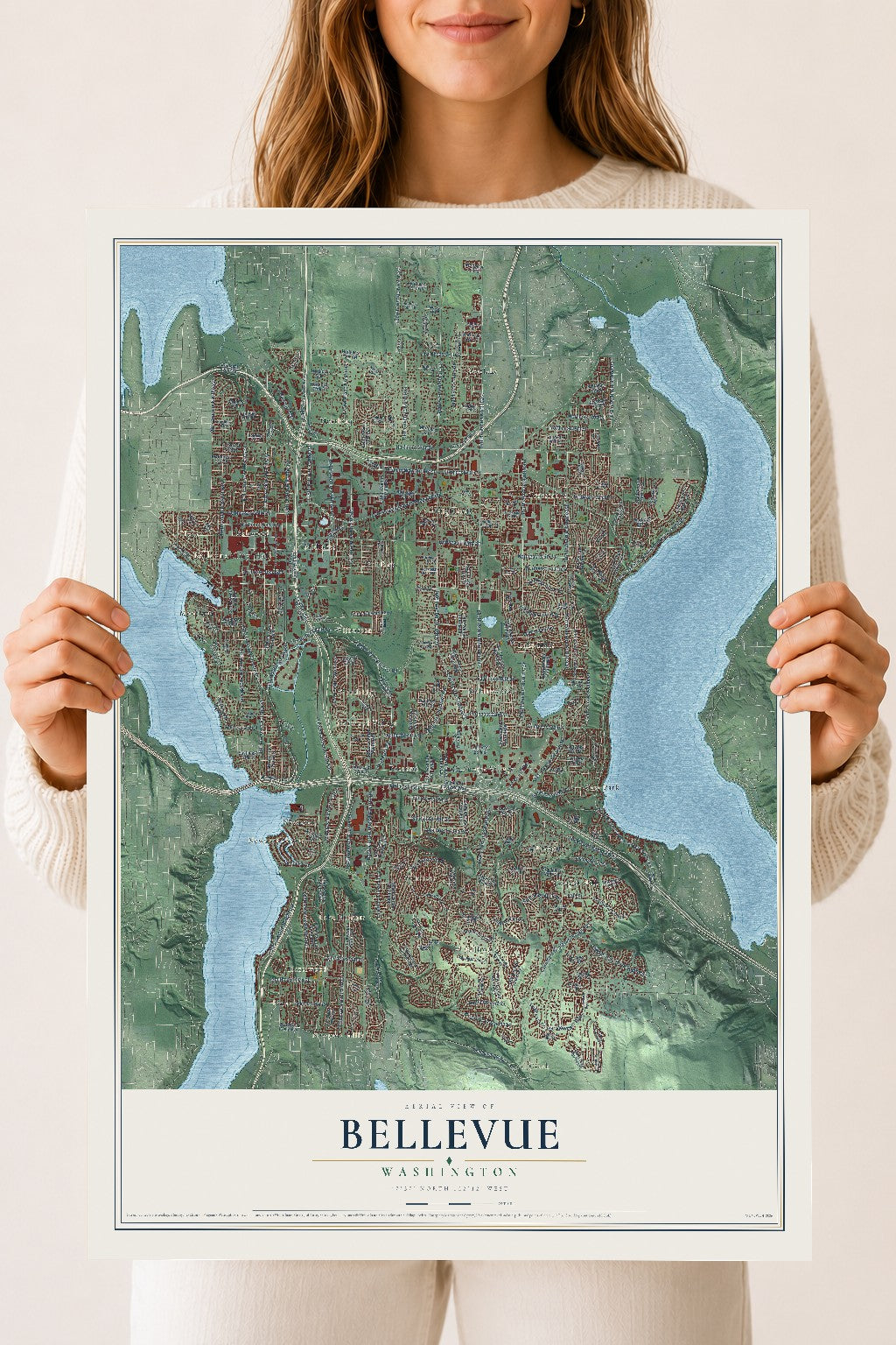 Map of Bellevue, Washington, 18 x 24 inch unframed archival matte print