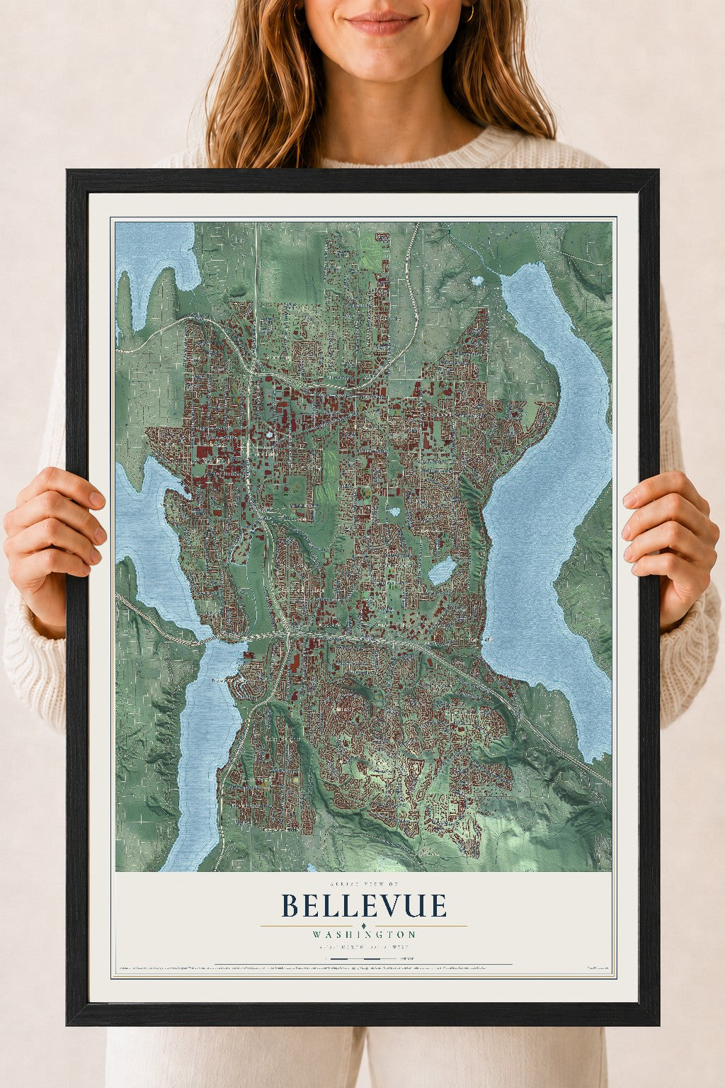 Map of Bellevue, Washington, 18 x 24 inch print in a black wood frame
