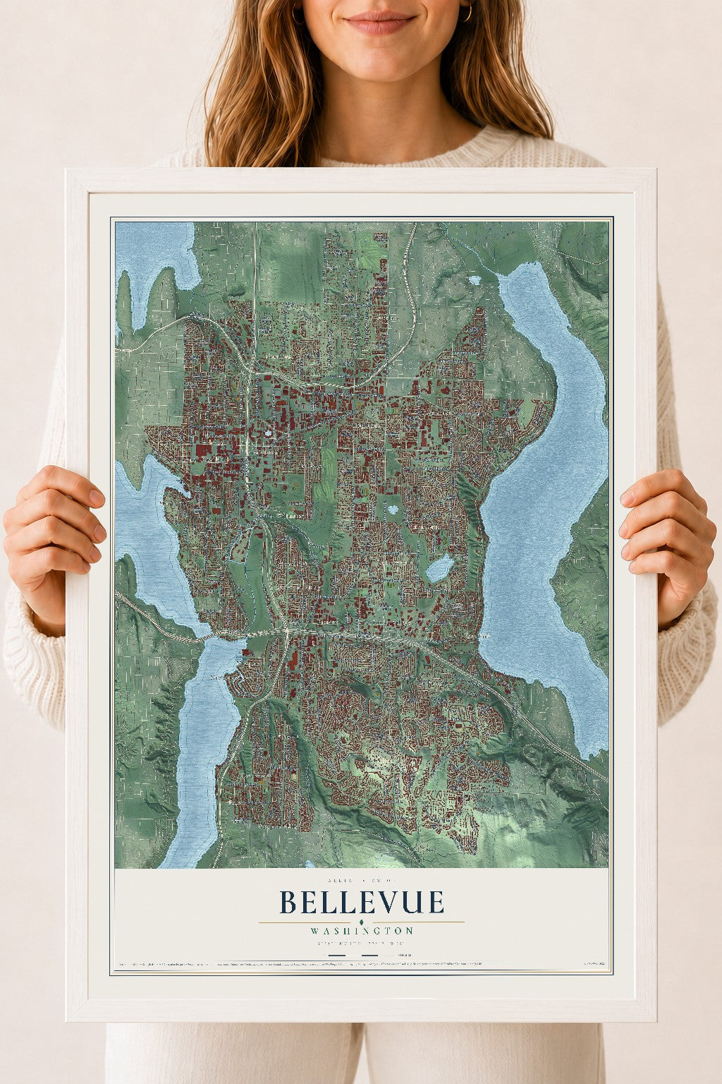 Map of Bellevue, Washington, 18 x 24 inch print in a white wood frame