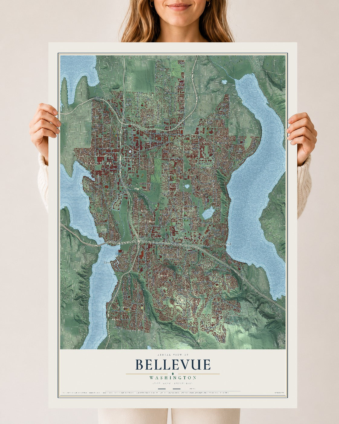 Map of Bellevue, Washington, 24 x 36 inch unframed archival matte print