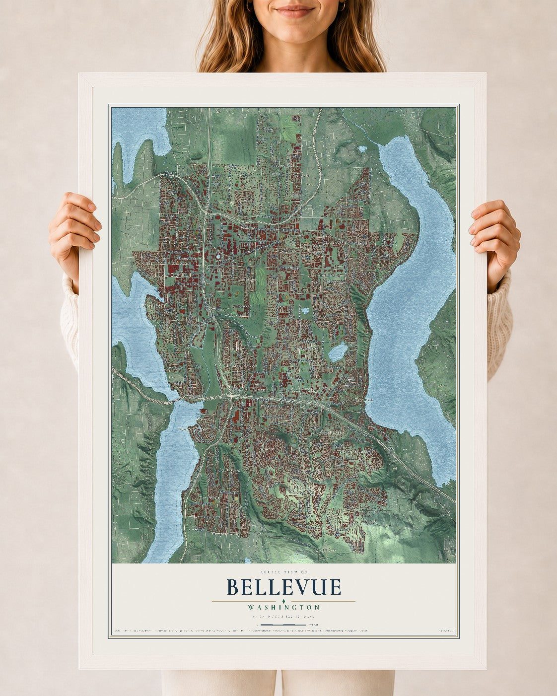 Map of Bellevue, Washington, 24 x 36 inch print in a white wood frame