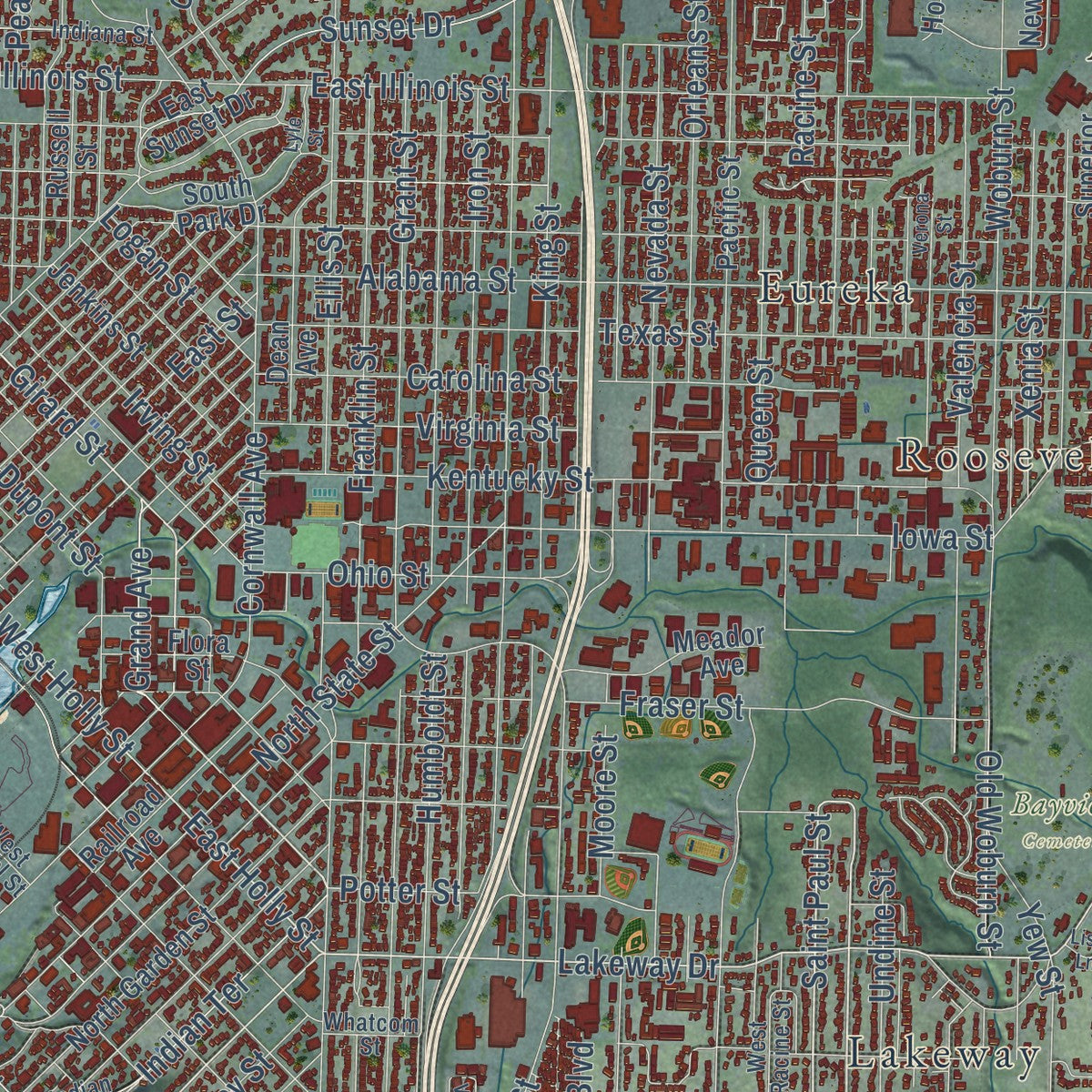 Close-up of the map of Bellingham, Washington print showing street and building detail