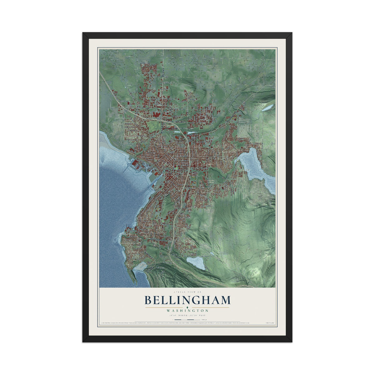 Map of Bellingham, Washington, 12 x 18 inch print in a black wood frame