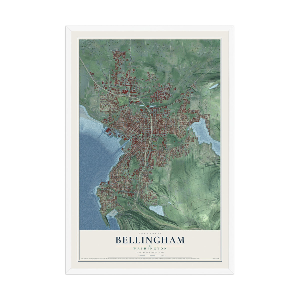 Map of Bellingham, Washington, 12 x 18 inch print in a white wood frame
