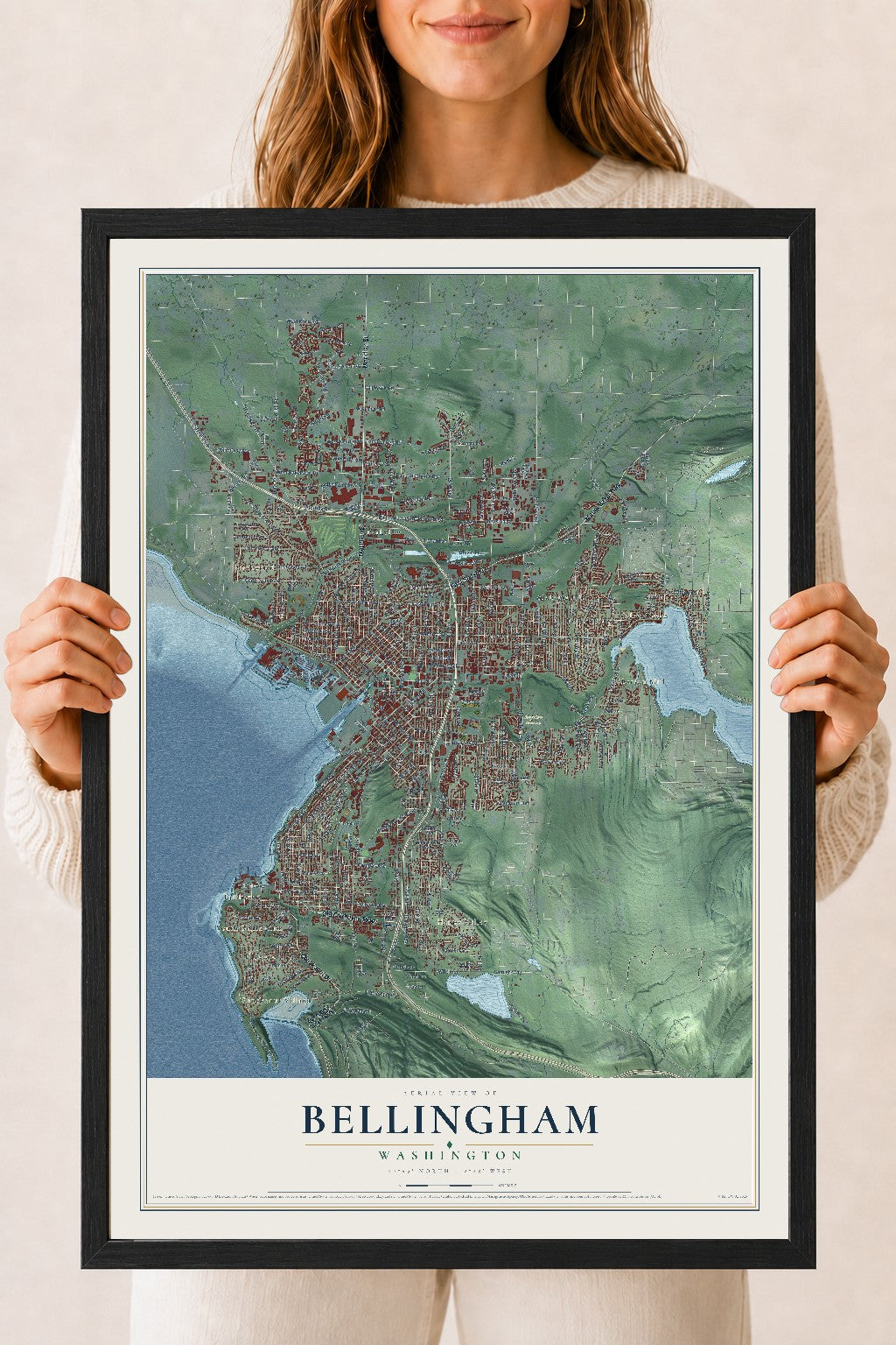Map of Bellingham, Washington, 18 x 24 inch print in a black wood frame