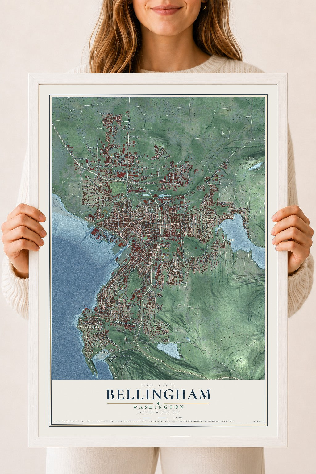 Map of Bellingham, Washington, 18 x 24 inch print in a white wood frame