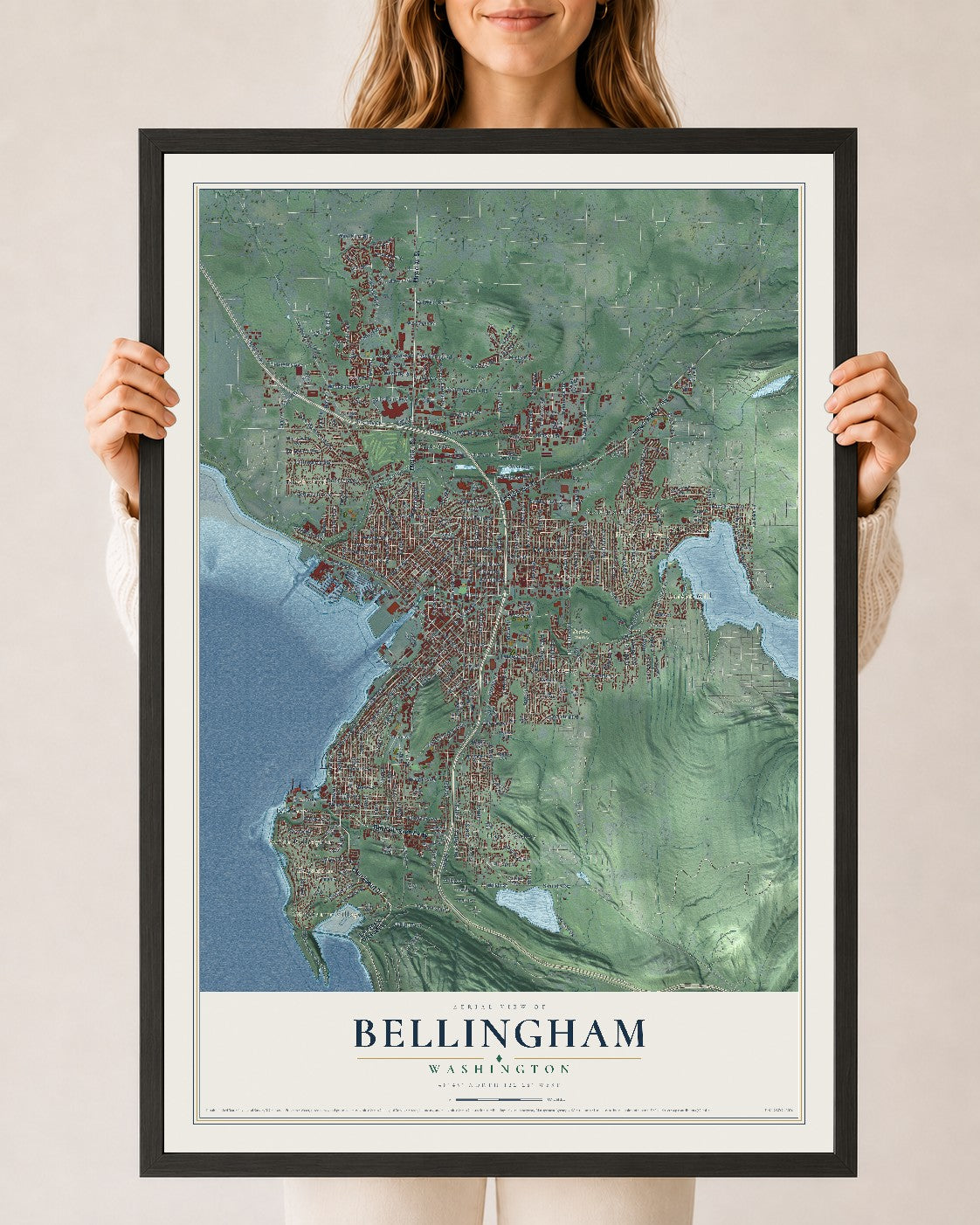 Map of Bellingham, Washington, 24 x 36 inch print in a black wood frame