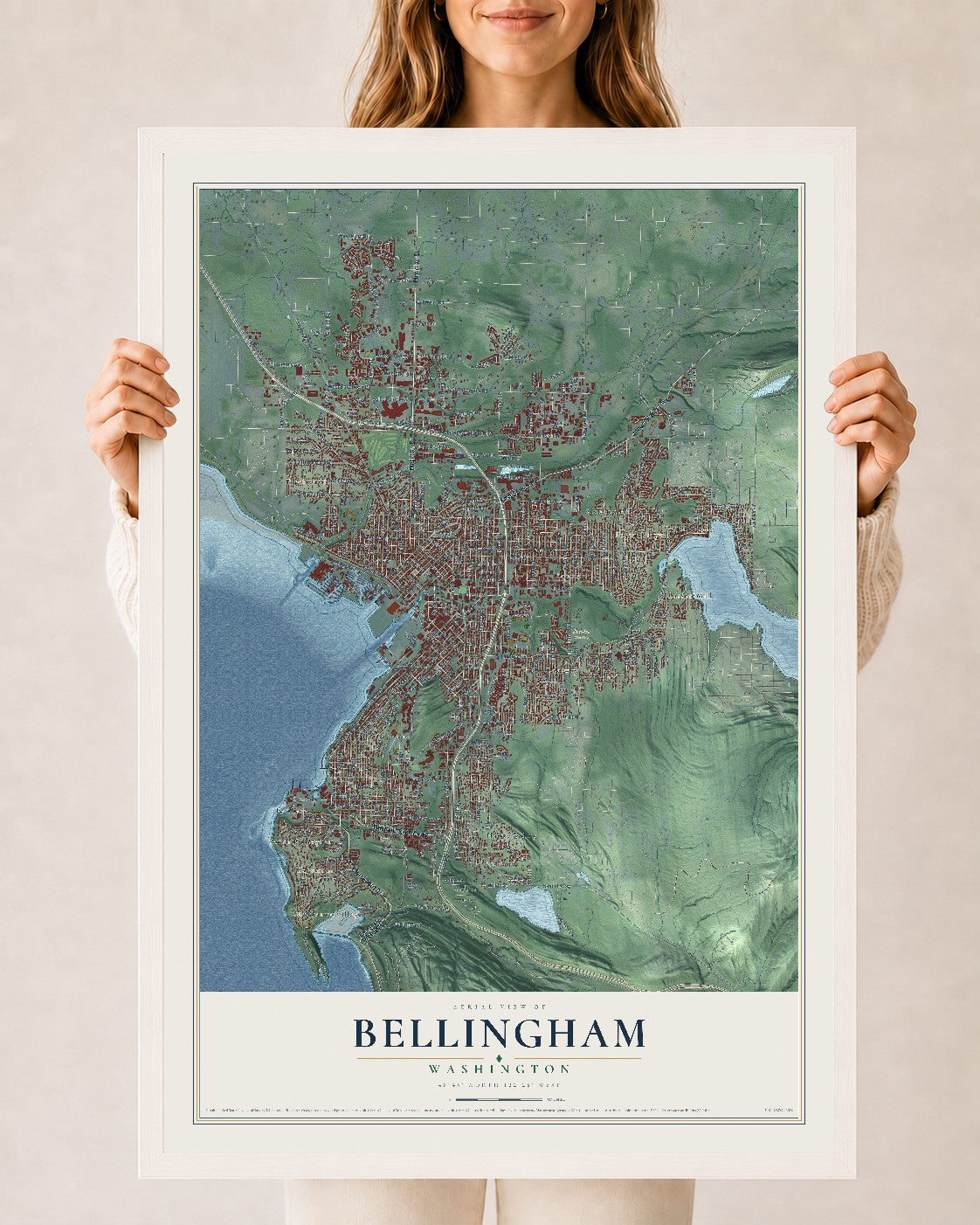Map of Bellingham, Washington, 24 x 36 inch print in a white wood frame