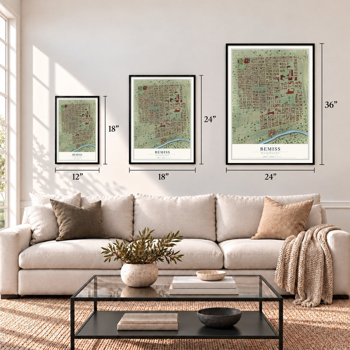 Bemiss, Washington map in 12 x 18, 18 x 24 and 24 x 36 inch sizes above a sofa